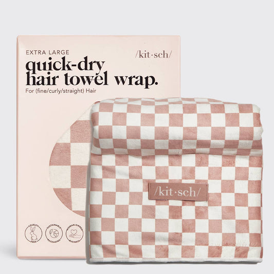 KITSCH Extra Large Quick-Dry Hair Towel Wrap- Terracotta Checker